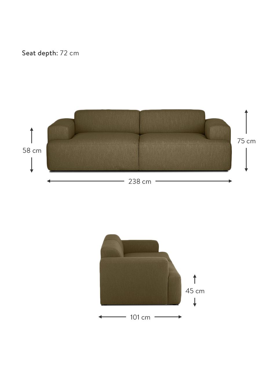 Sofa Melva (3-osobowa), Tapicerka: 100% poliester Dzięki tka, Stelaż: lite drewno sosnowe, cert, Nogi: tworzywo sztuczne, Oliwkowozielona tkanina, S 238 x G 101 cm