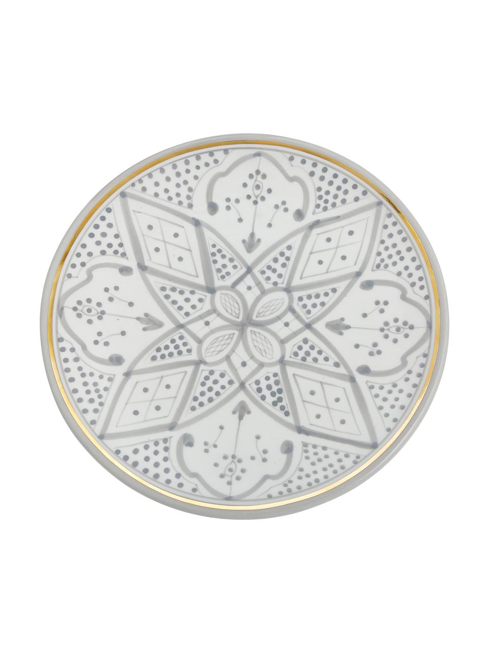 Handgemachter marokkanischer Speiseteller Beldi mit Goldrand, Keramik, Hellgrau, Cremefarben, Gold, Ø 26 x H 2 cm