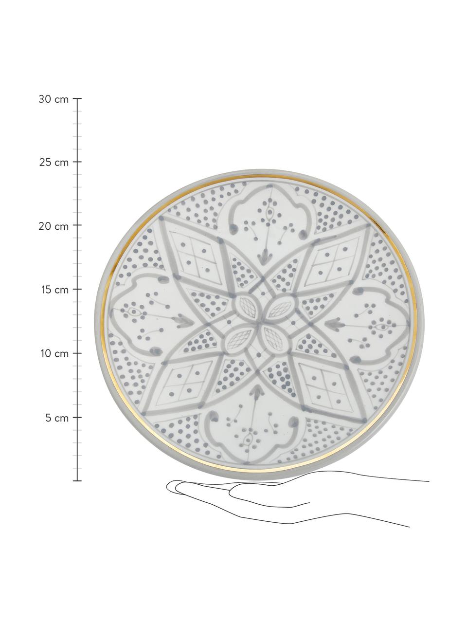 Handgemaakt Marokkaans dinerbord Beldi met gouden rand, Keramiek, Lichtgrijs, crèmekleurig, goudkleurig, Ø 26 x H 2 cm