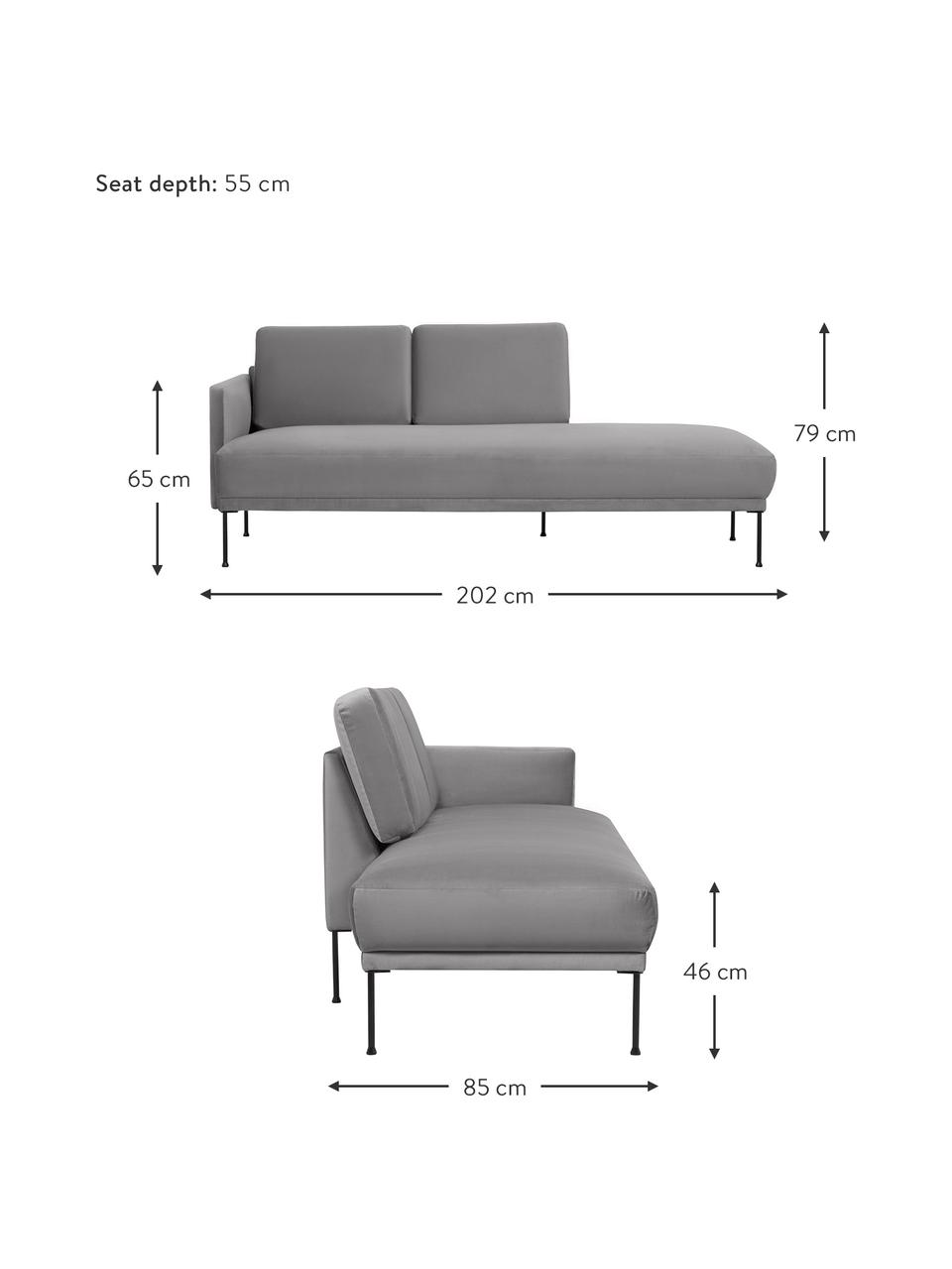 Fluwelen chaise longue Fluente met metalen poten, Bekleding: fluweel (hoogwaardig poly, Frame: massief grenenhout, FSC-g, Poten: gelakt metaal, Fluweel lichtgrijs, B 202 x D 85 cm, rugleuning links