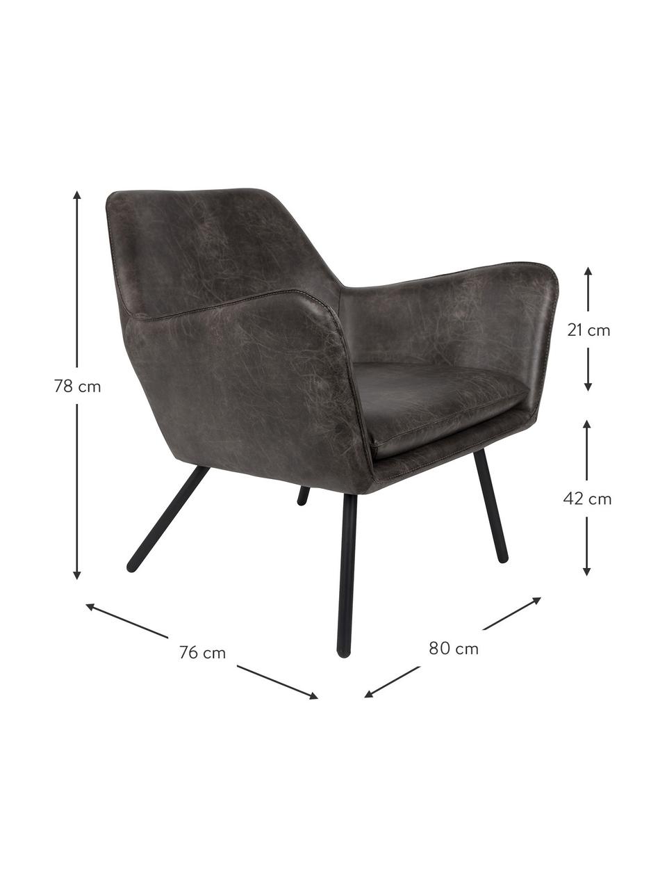 Kunstleder-Loungesessel Bon, Bezug: Kunstleder (64% Polyureth, Füße: Metall, lackiert, Kunstleder Dunkelgrau, B 80 x T 76 cm