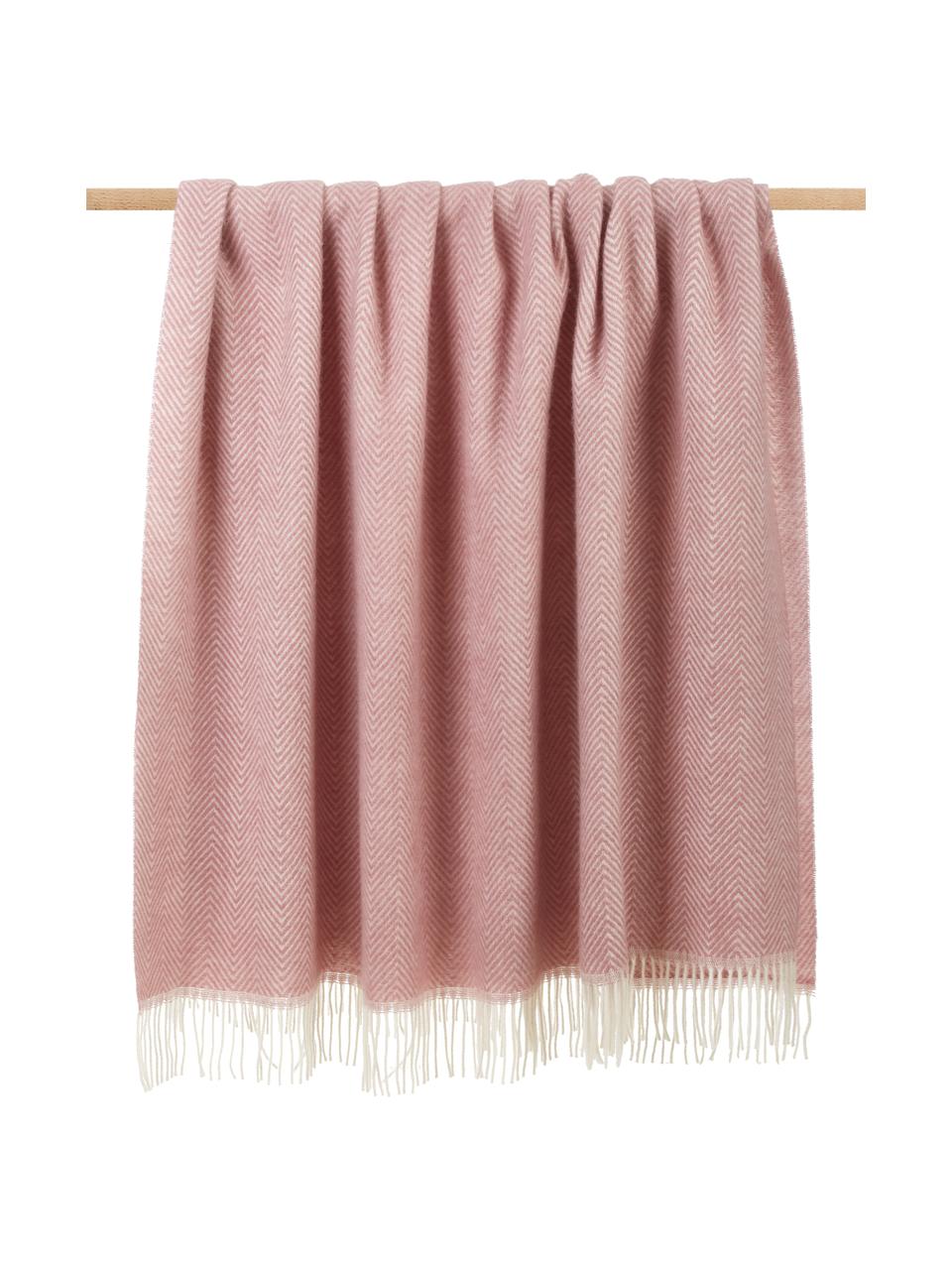 Coperta in lana con motivo a spina di pesce e frange Tirol-Mona, Rosa, Larg. 140 x Lung. 200 cm