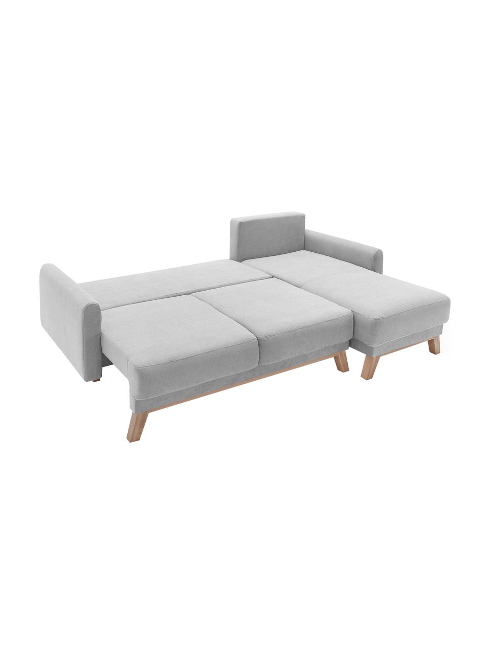 Divano letto angolare 4 posti in velluto grigio chiaro con contenitore Balio, Rivestimento: 100% velluto di poliester, Piedini: Legno, Velluto grigio chiaro, Larg. 234 x Prof. 164 cm, chaise-longue a destra