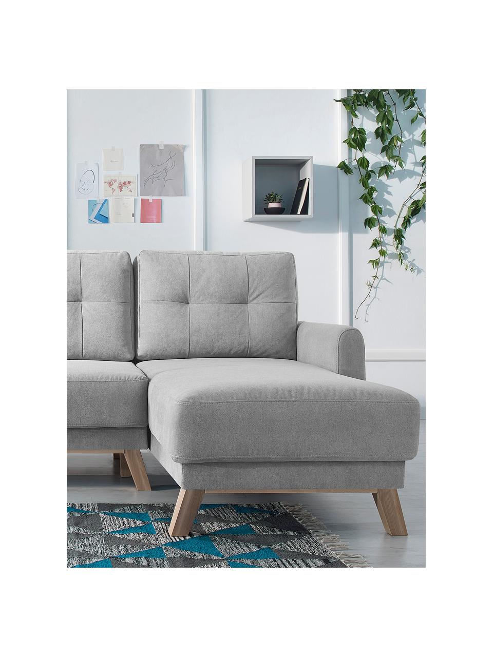 Sofa narożna z aksamitu z funkcją spania i miejscem do przechowywania  Balio (4-osobowa), Tapicerka: 100% aksamit poliestrowy , Stelaż: drewno naturalne, sprężyn, Nogi: drewno naturalne, Jasnoszary aksamit, S 234 x G 164 cm, prawostronna