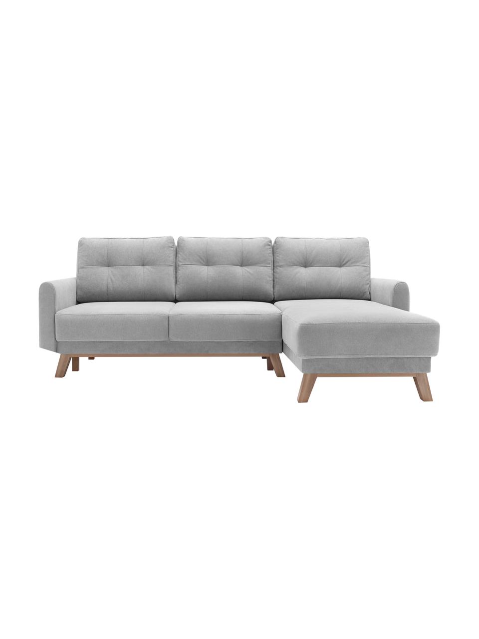 Divano letto angolare 4 posti in velluto grigio chiaro con contenitore Balio, Rivestimento: 100% velluto di poliester, Piedini: Legno, Velluto grigio chiaro, Larg. 234 x Prof. 164 cm, chaise-longue a destra