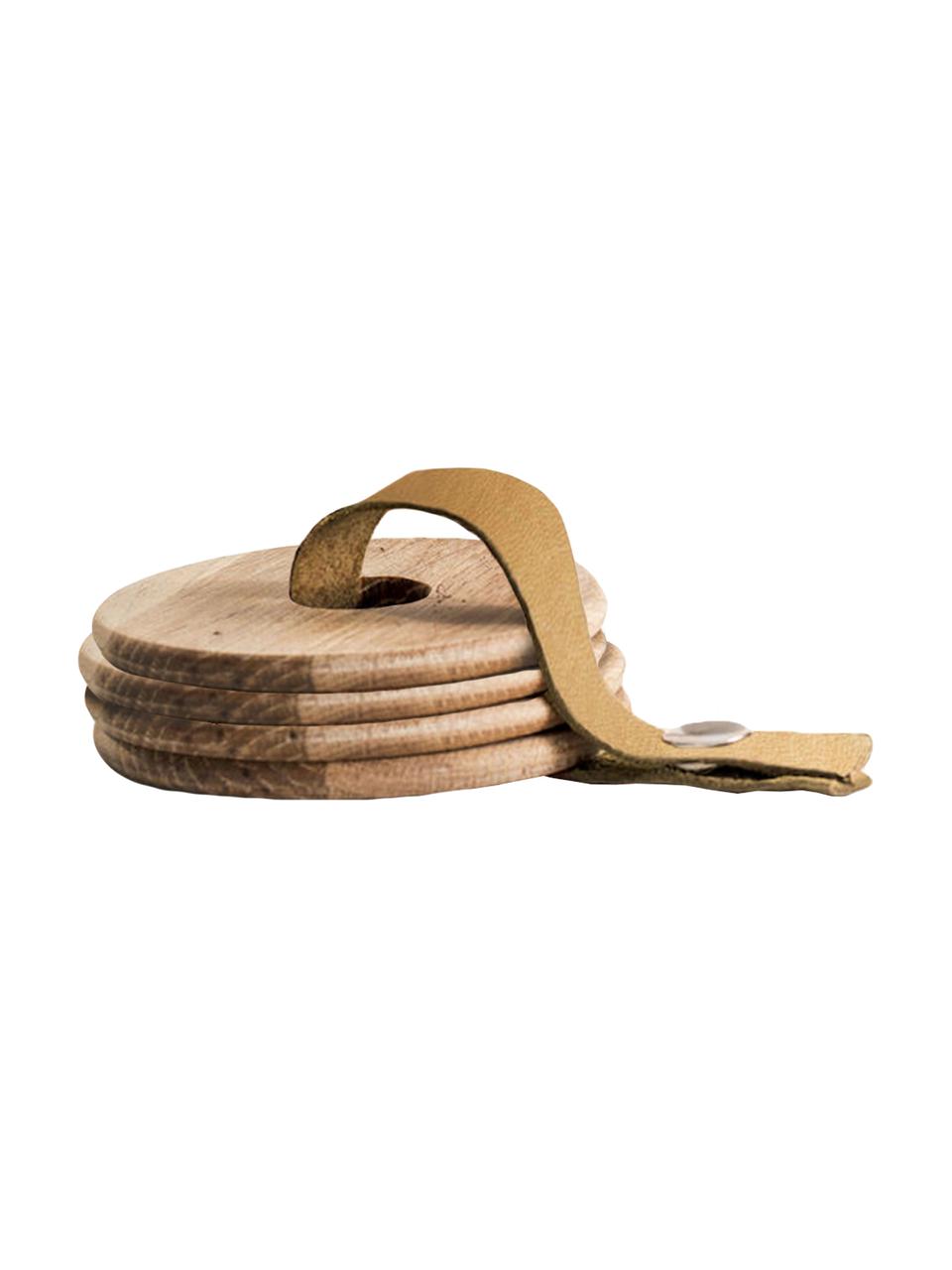 Houten onderzetters Strap met leren band, 4 stuks, Onderzetter: eikenhout, Eikenhoutkleurig, bruin, Ø 9 x H 1 cm