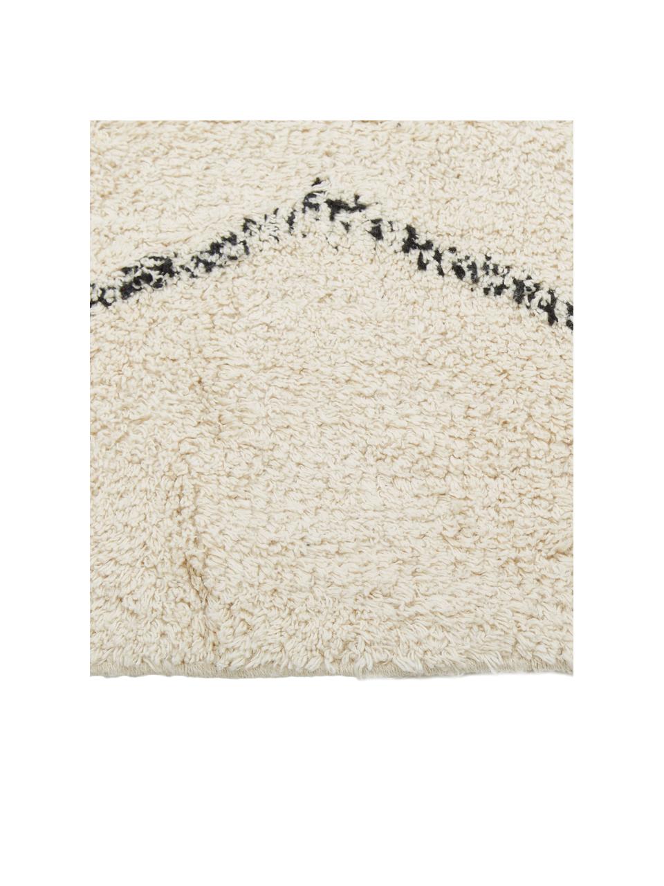 Handgetufteter Baumwollteppich Bina mit Rautenmuster und Fransen, 100 % Baumwolle

Das in diesem Produkt verwendete Material ist schadstoffgeprüft und zertifiziert nach STANDARD 100 by OEKO-TEX® , HOHENSTEIN HTTI, 21.HIN.90042., Beige, Schwarz, B 80 x L 150 cm (Größe XS)