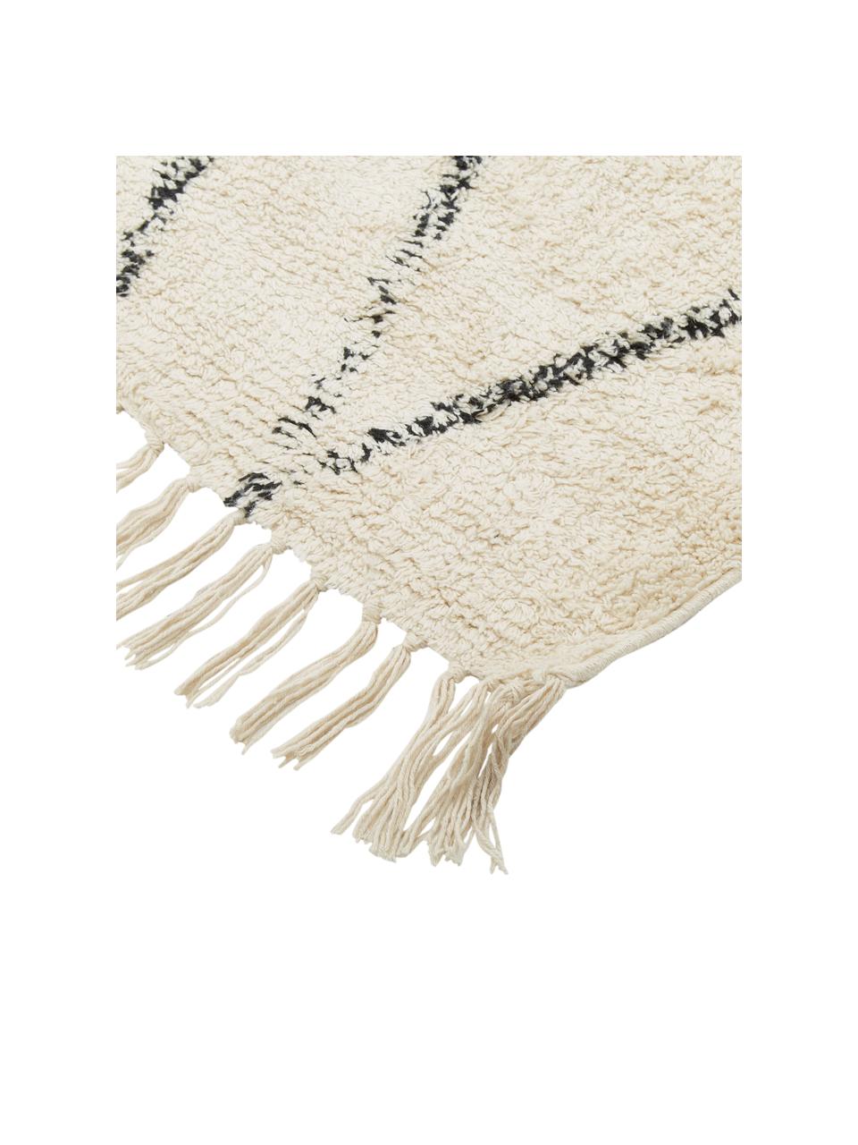 Alfombra artesanal de algodón con flecos Bina, 100% algodón, Beige, negro, An 80 x L 150 cm (Tamaño XS)