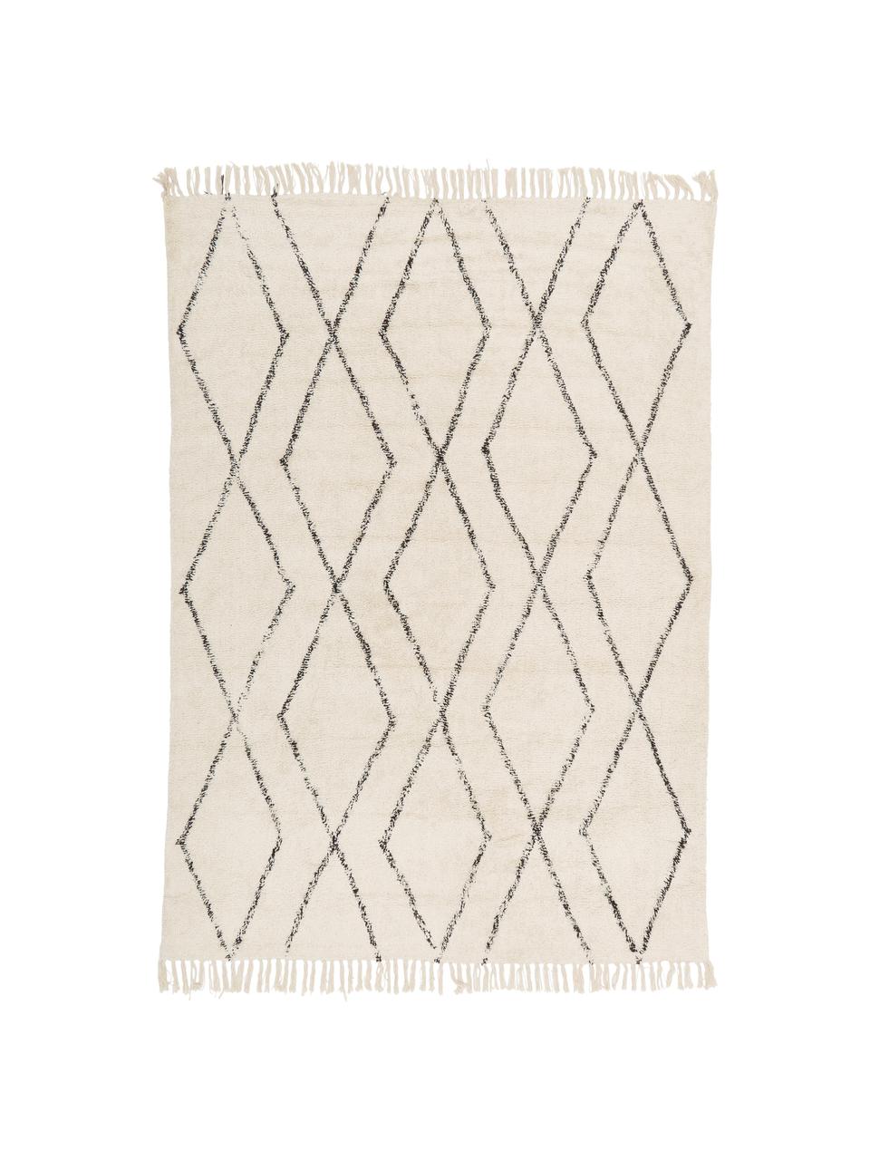 Alfombra artesanal de algodón con flecos Bina, 100% algodón, Beige, negro, An 80 x L 150 cm (Tamaño XS)