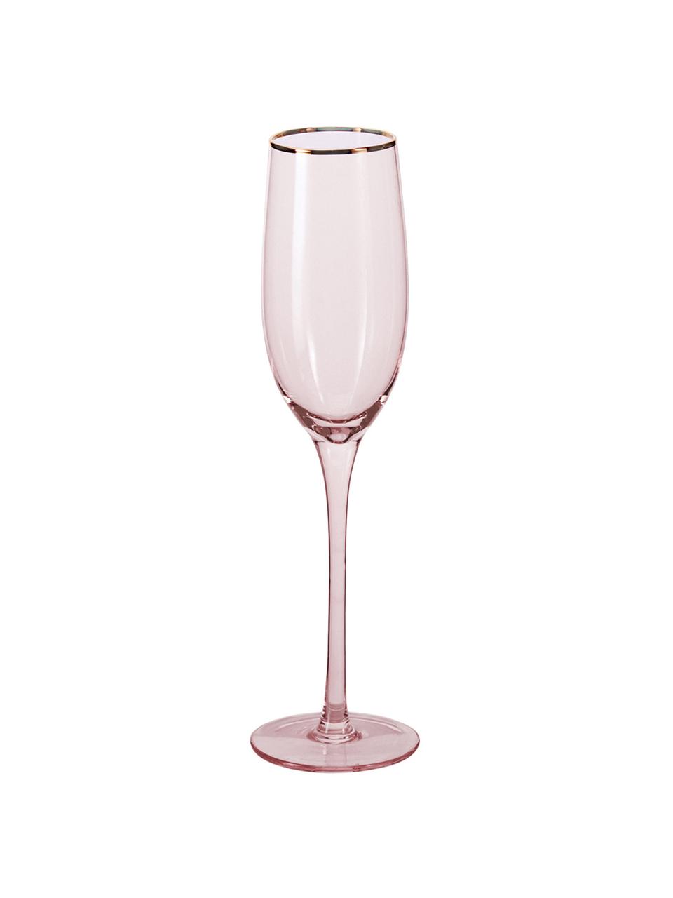 Champagneglazen Chloe in roze met handgeschilderde goudkleurig rand, 4er-set, Glas, Perzikkleurig, Ø 7 x H 25 cm