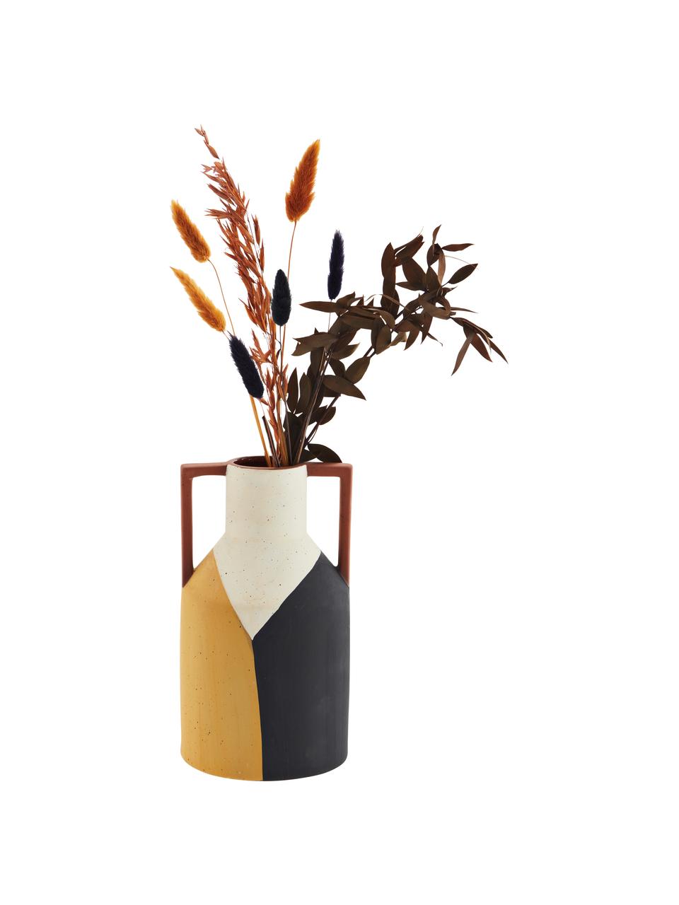 Vase Neni aus Terrakotta mit geometrischer Verzierung, Terrakotta, Weiß, Schwarz, Gelb, Ø 14 x H 25 cm