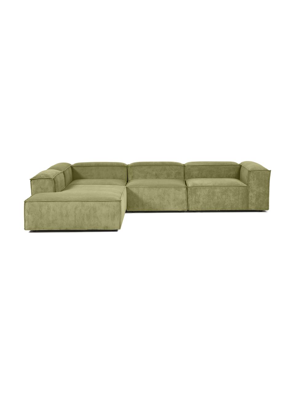 Sofa modułowa ze sztruksu Lennon, Tapicerka: sztruks (92% poliester, 8, Stelaż: lite drewno, sklejka, Nogi: tworzywo sztuczne, Zielony sztruks, S 329 x W 68 cm, lewostronna