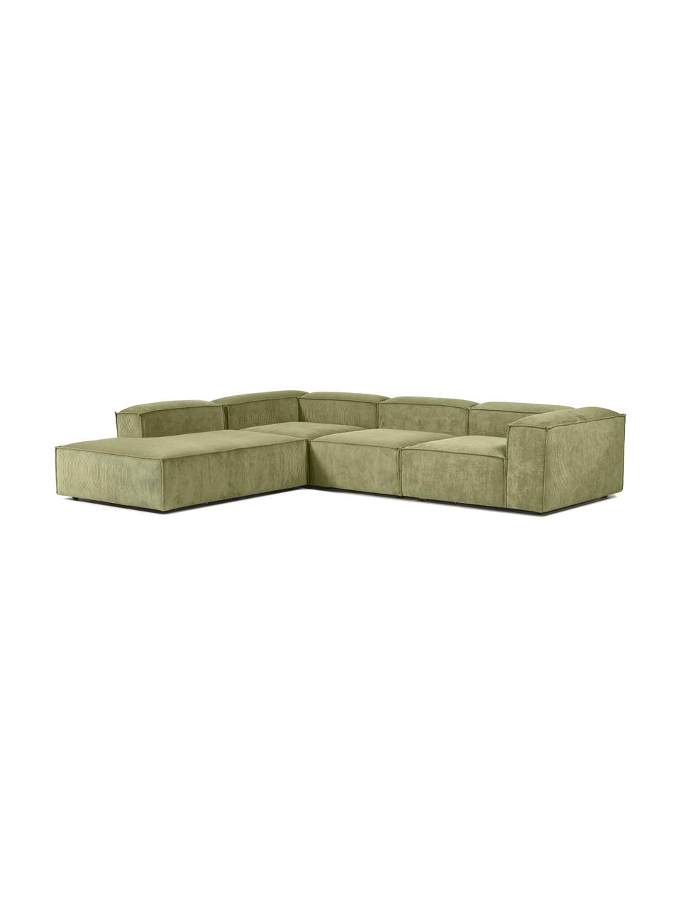 Narożna sofa modułowa XL ze sztruksu Lennon, Tapicerka: sztruks (92% poliester, 8, Stelaż: lite drewno, sklejka, Nogi: tworzywo sztuczne, Zielony sztruks, S 329 x W 68 cm, prawostronna