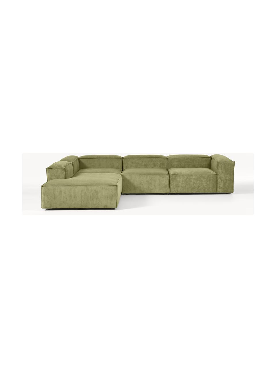 Modulares XL-Ecksofa Lennon aus Cord, Bezug: Cord (92 % Polyester, 8 %, Gestell: Massives Kiefernholz, Spe, Füße: Kunststoff Dieses Produkt, Cord Dunkelgrün, B 329 x T 269 cm, Eckteil rechts