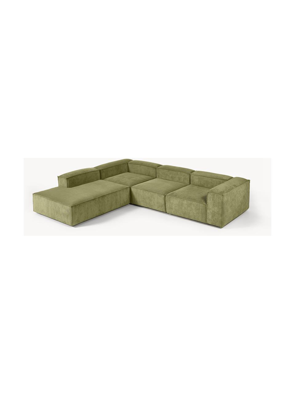 Sofá rinconera modular grande de pana Lennon, Tapizado: pana (92% poliéster, 8% p, Estructura: madera de pino maciza, ma, Patas: plástico, Pana verde oscuro, An 329 x F 269 cm, chaise longue izquierda