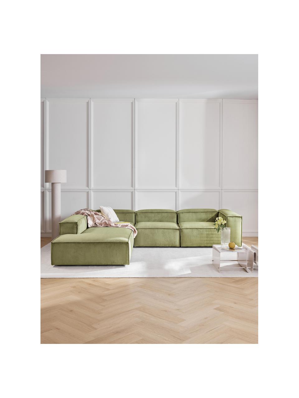 Sofá rinconera modular grande de pana Lennon, Tapizado: pana (92% poliéster, 8% p, Estructura: madera de pino maciza, ma, Patas: plástico, Pana verde oscuro, An 329 x F 269 cm, chaise longue izquierda