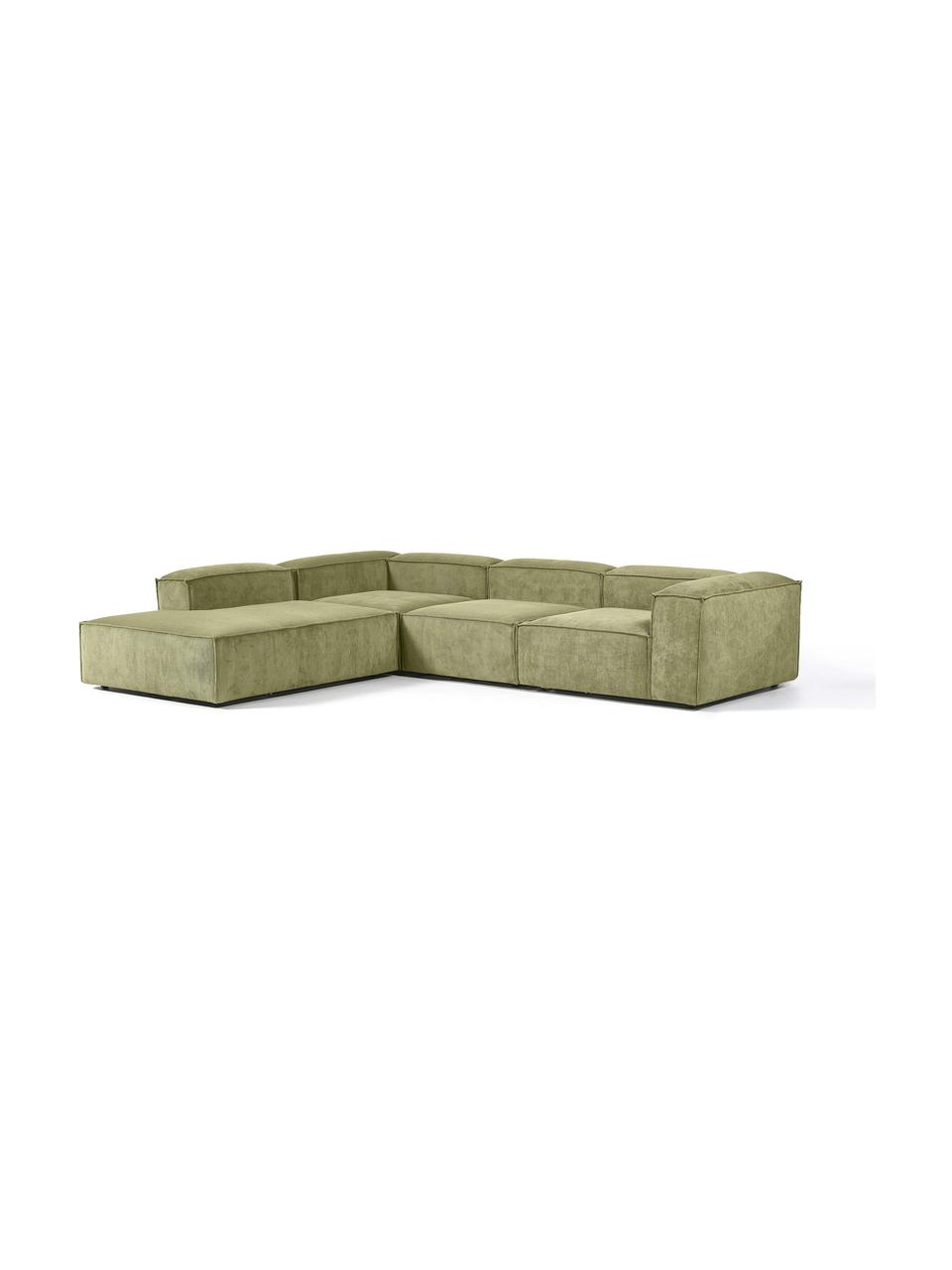 Modulares XL-Ecksofa Lennon aus Cord, Bezug: Cord (92 % Polyester, 8 %, Gestell: Massives Kiefernholz FSC-, Cord Dunkelgrün, B 329 x T 269 cm, Eckteil links