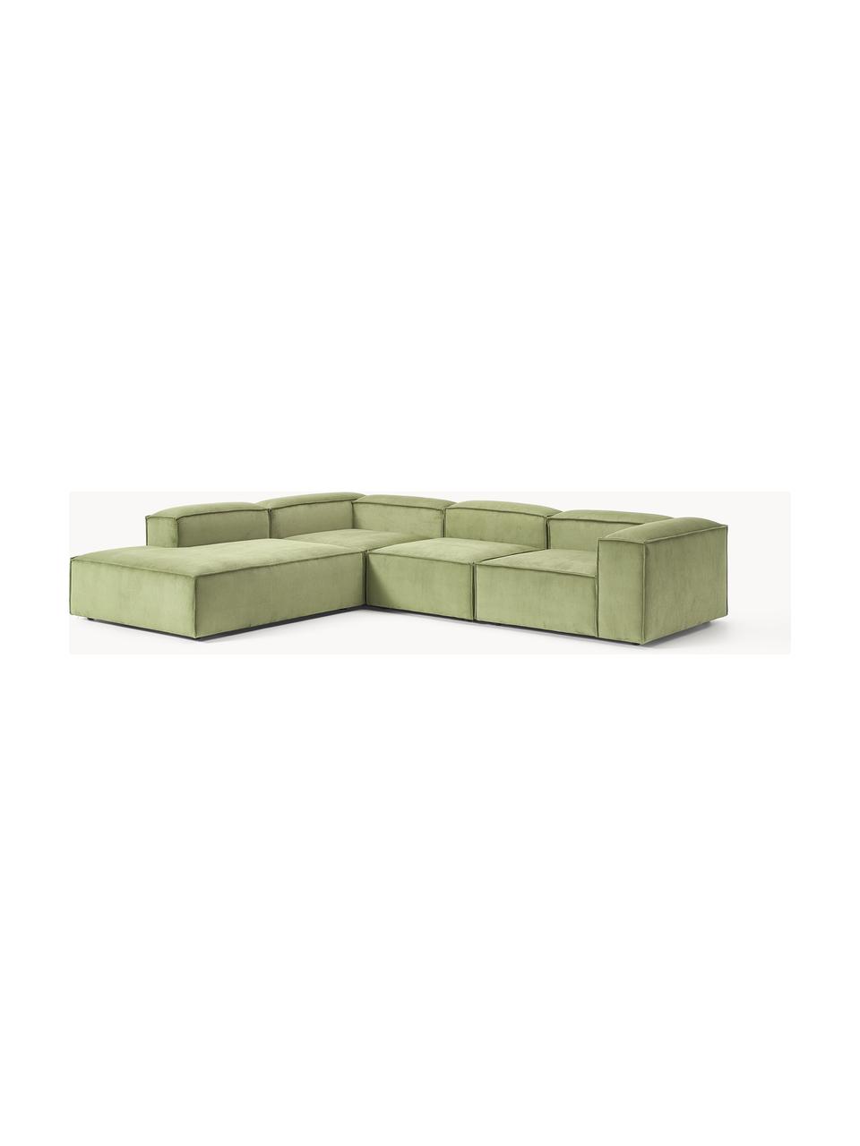 Sofá rinconera modular grande de pana Lennon, Tapizado: pana (92% poliéster, 8% p, Estructura: madera de pino maciza, ma, Patas: plástico Este producto es, Pana verde oliva, An 329 x F 269 cm, chaise longue izquierda