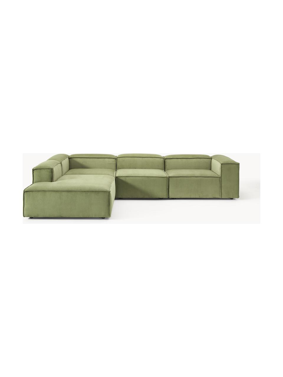 Modulares XL-Ecksofa Lennon aus Cord, Bezug: Cord (92 % Polyester, 8 %, Gestell: Massives Kiefernholz, Spe, Cord Dunkelgrün, B 329 x T 269 cm, Eckteil rechts