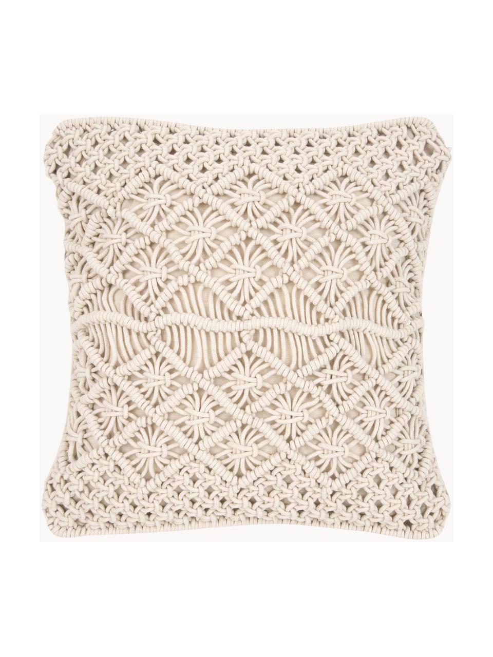 Macramé kussenhoes Nalina in ecru, 100% biokatoen, GOTS-gecertificeerd, Crèmekleurig, B 45 x L 45 cm