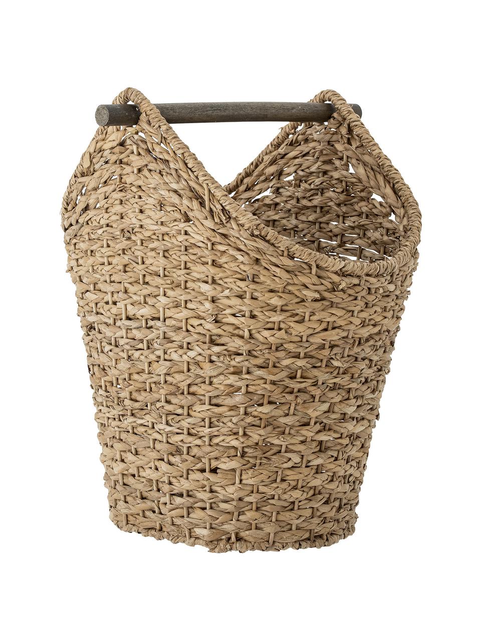 Handgemaakte opbergmand Timmi uit natuurlijke vezels, Mand: bankuan gras, Stang: hout, Bruin, B 33 x H 41 cm