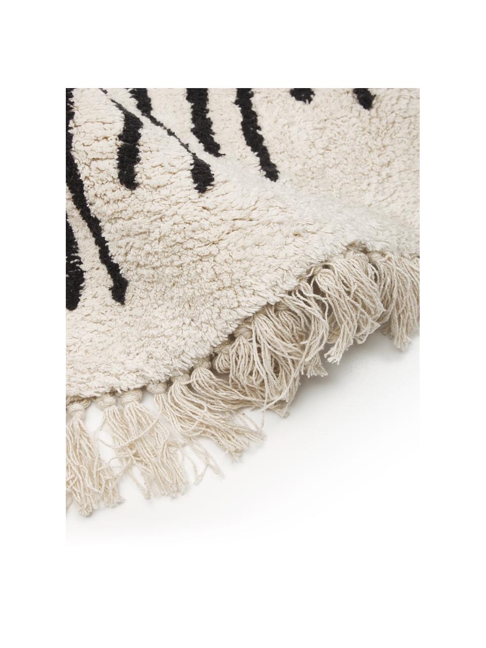 Okrągły ręcznie tuftowany dywan z bawełny w stylu boho z frędzlami Fini, 100% bawełna, Beżowy, czarny, Ø 150 cm (Rozmiar M)
