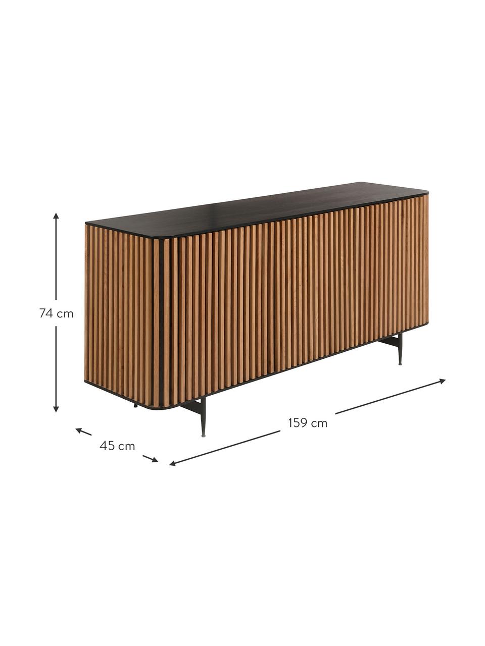 Aparador en roble de diseño Linea, Estructura: tablero de fibras de dens, Patas: metal pintado, Negro, roble, An 159 x Al 74 cm