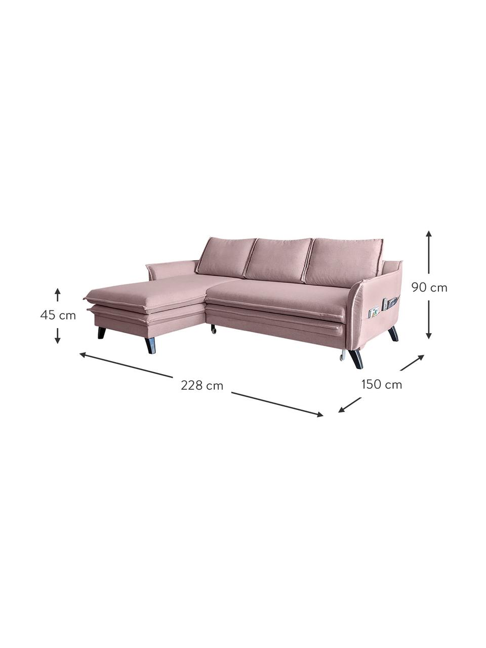 Divano letto angolare in tessuto rosa cipria con contenitore Charming Charlie, Rivestimento: 100% poliestere con sensa, Struttura: legno, truciolato, Rosa cipria, Larg. 228 x Prof. 150 cm