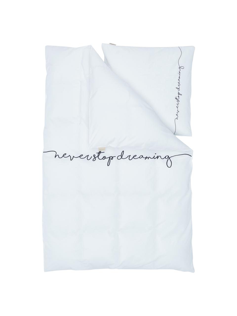 Bavlněné povlečení s nápisem Never Stop Dreaming, Bílá, černá, 135 x 200 cm + 1 polštář 80 x 80 cm