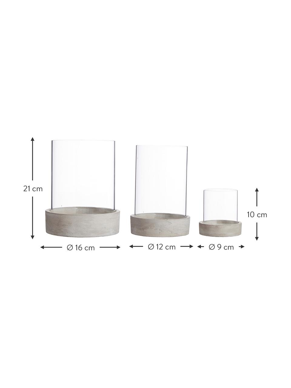 Windlichtenset Siri, 3-delig., Windlicht: glas, Voetstuk: beton, Grijs, Set met verschillende formaten