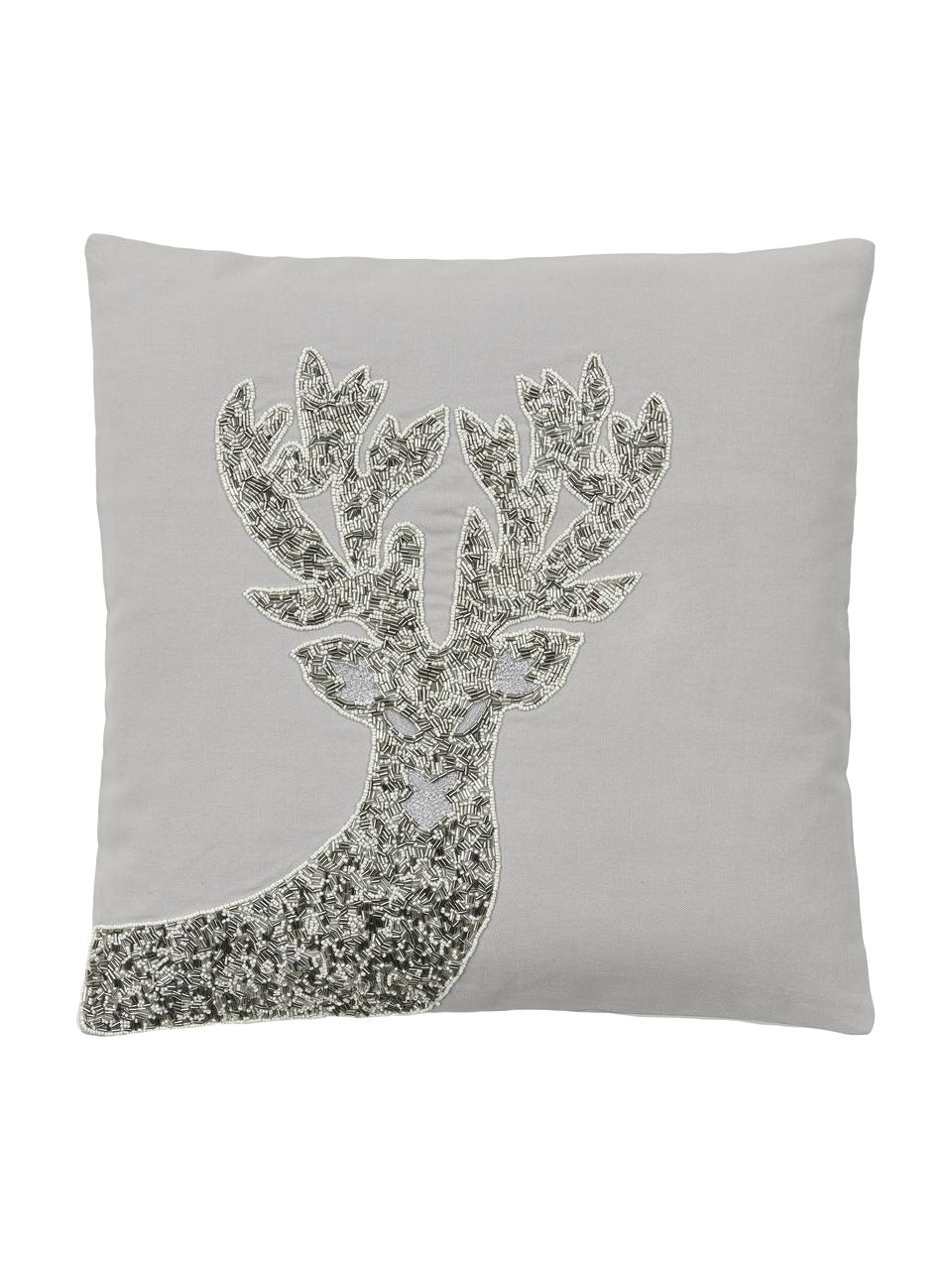 Bestickte Kissenhülle Deer mit weihnachtlicher Verzierung, 100% Baumwolle, Grau, B 45 x L 45 cm
