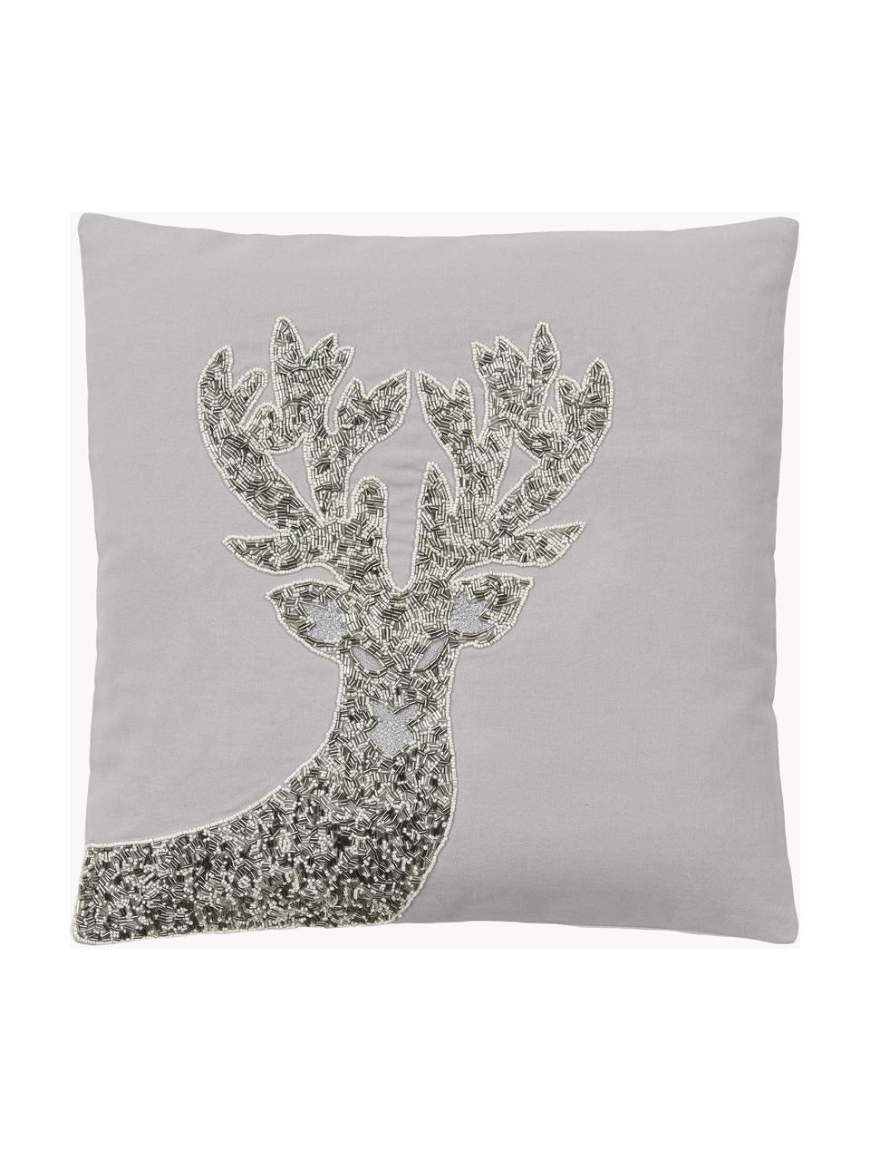 Housse de coussin 45x45 brodée avec ornaments Deer, 100 % coton, Gris clair, larg. 45 x long. 45 cm