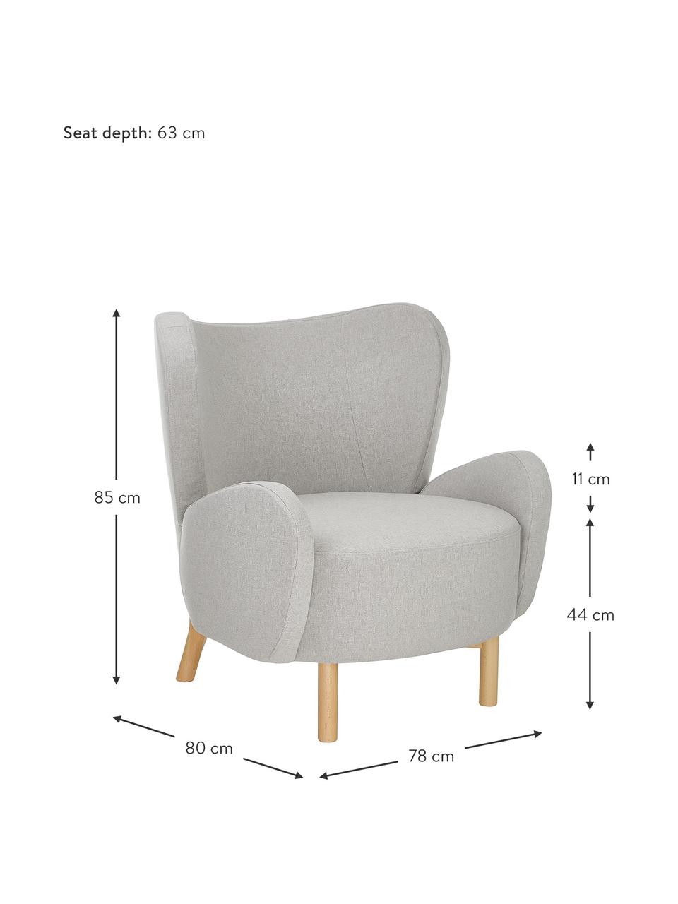 Fauteuil Kalia in lichtgrijs, Bekleding: 100% polyester, Poten: beukenhout, Frame: metaal, Geweven stof lichtgrijs, B 78 x H 80 cm