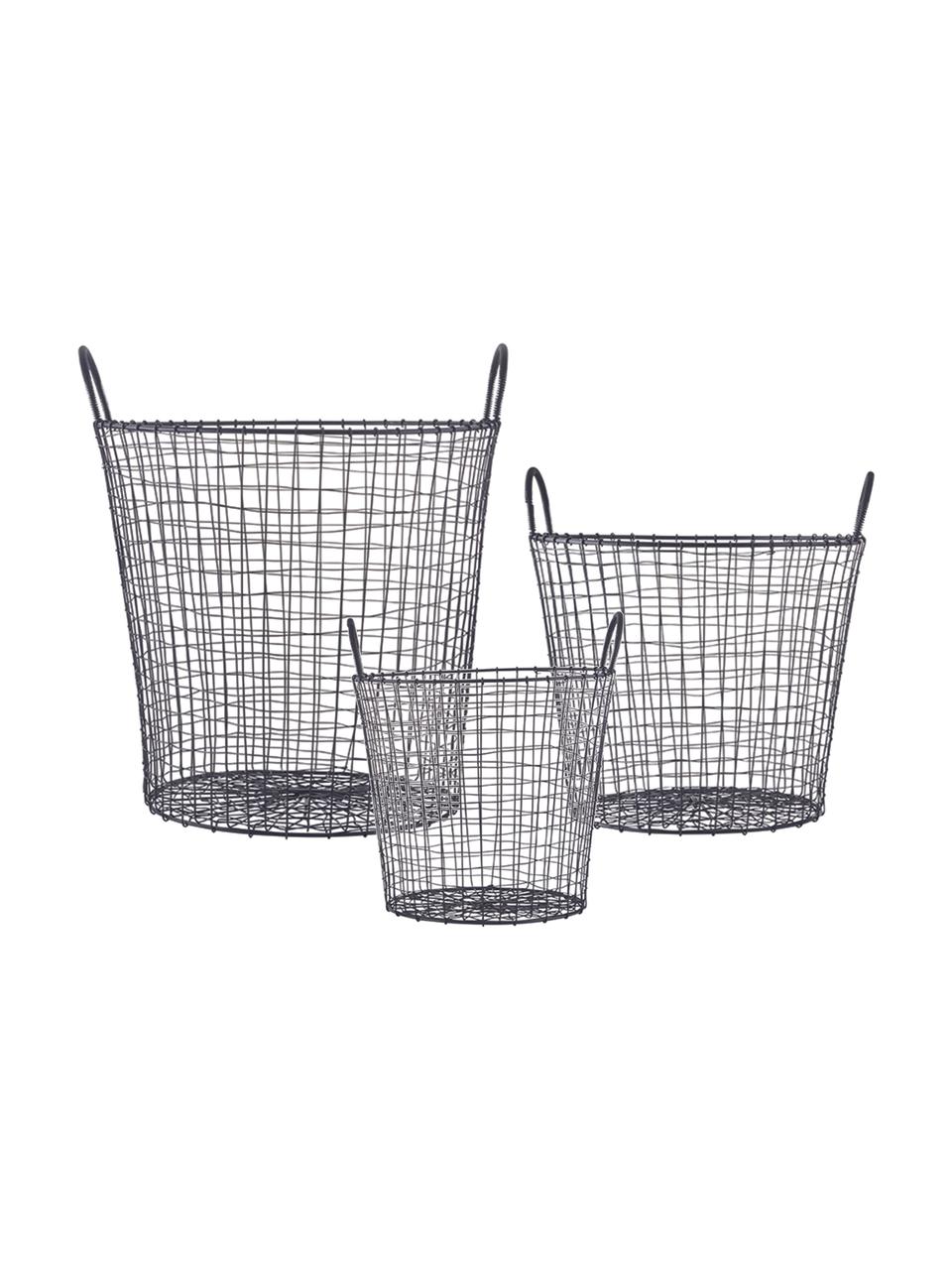 Set de cestas Wire, 3 uds., Metal recubierto, Negro, Set de diferentes tamaños