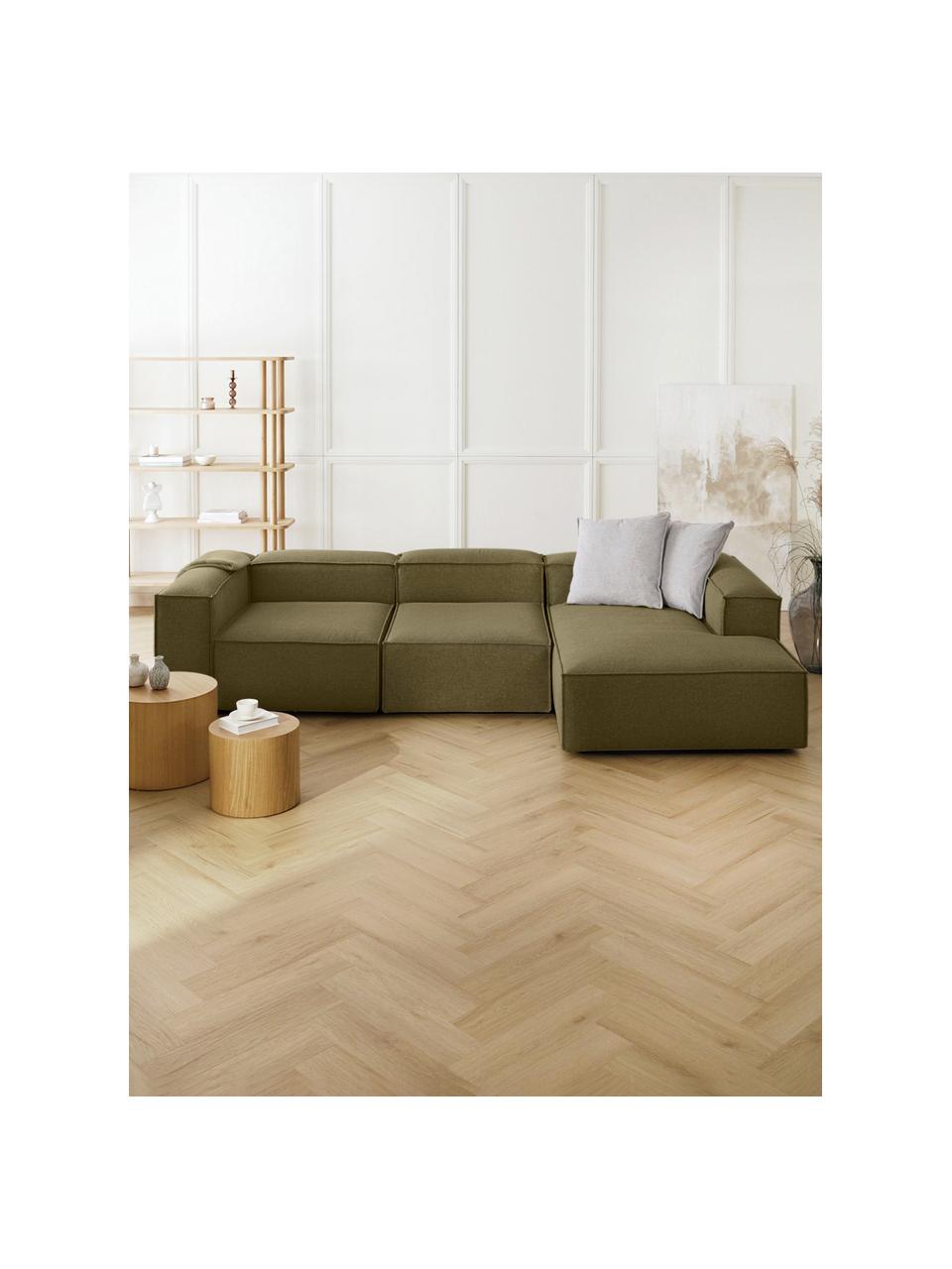 Divano angolare componibile Lennon, Rivestimento: 100% poliestere Con 115.0, Struttura: legno di pino massiccio, , Piedini: plastica, Tessuto verde, Larg. 327 x Prof. 180 cm, chaise-longue a sinistra