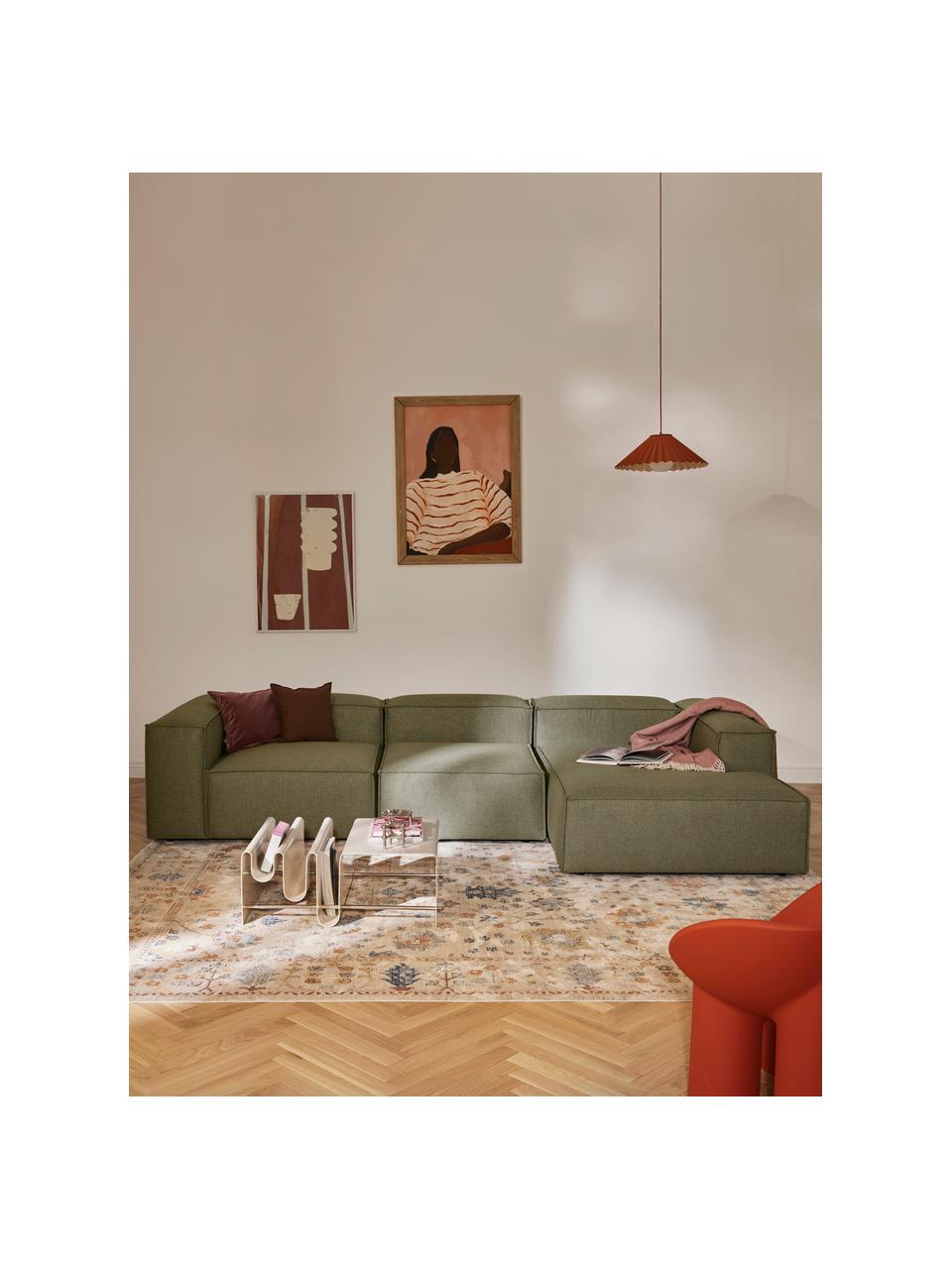 Divano angolare componibile Lennon, Rivestimento: 100% poliestere Con 115.0, Struttura: legno di pino massiccio, , Piedini: plastica Questo prodotto , Tessuto verde oliva, Larg. 327 x Prof. 180 cm, chaise-loungue a sinistra