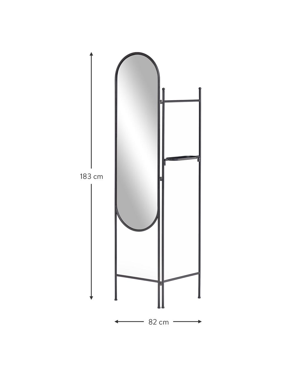 Ovaler Standspiegel Vaniria mit schwarzem Metallrahmen und Ablagefläche, Rahmen: Metall, beschichtet, Spiegelfläche: Spiegelglas, Schwarz, B 82 x H 183 cm