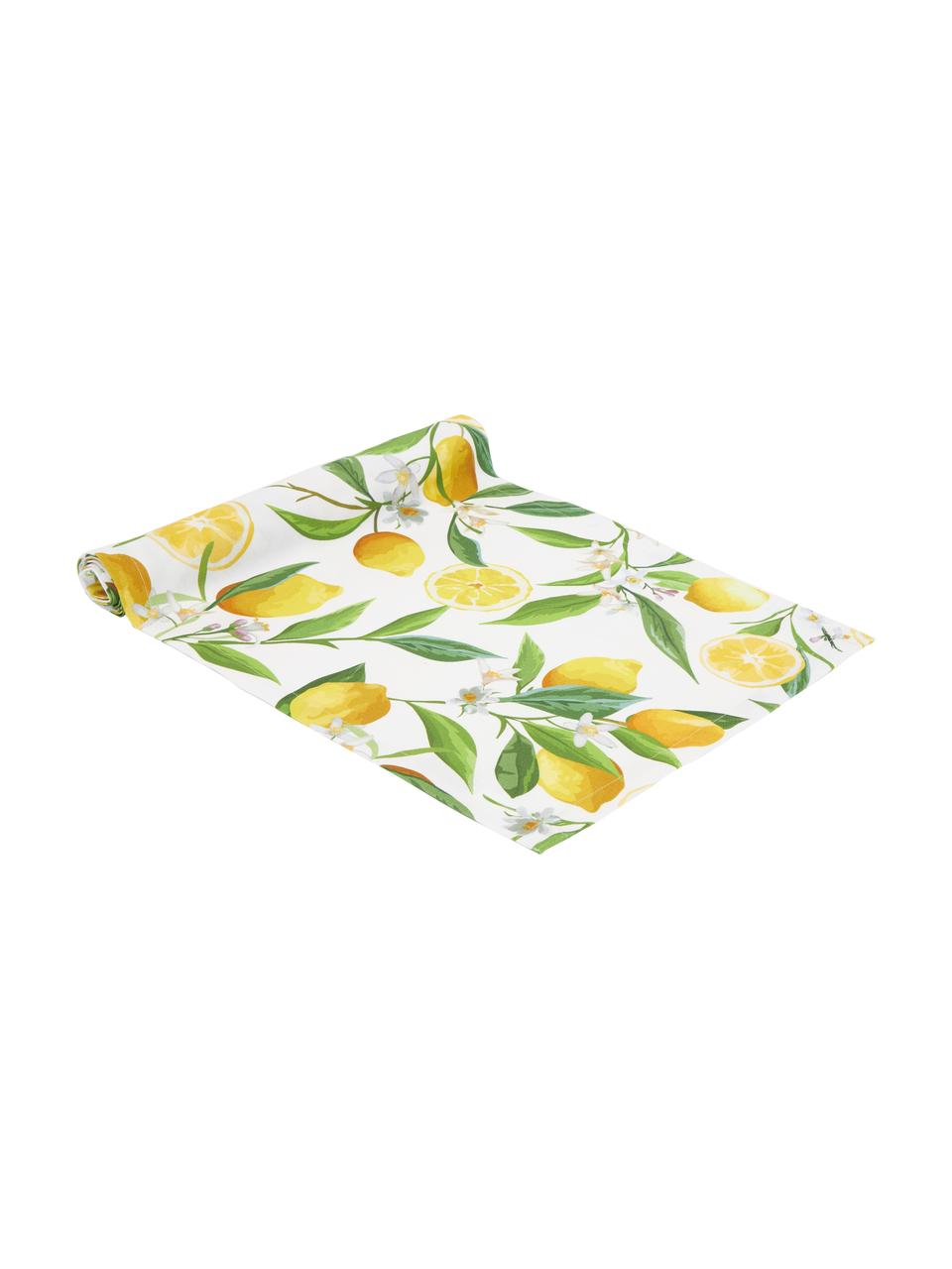 Chemin de table coton imprimé citron Frutta, 100 % coton, Jaune, blanc, vert, larg. 40 x long. 145 cm