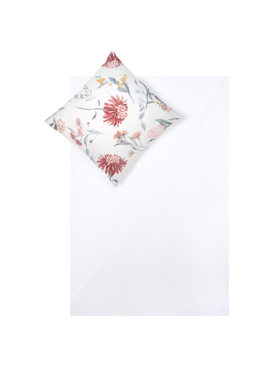 Pościel z satyny bawełnianej Evie, Przód: kwiatowy nadruk Tył: biały, 240 x 220 cm + 2 poduszki 80 x 80 cm