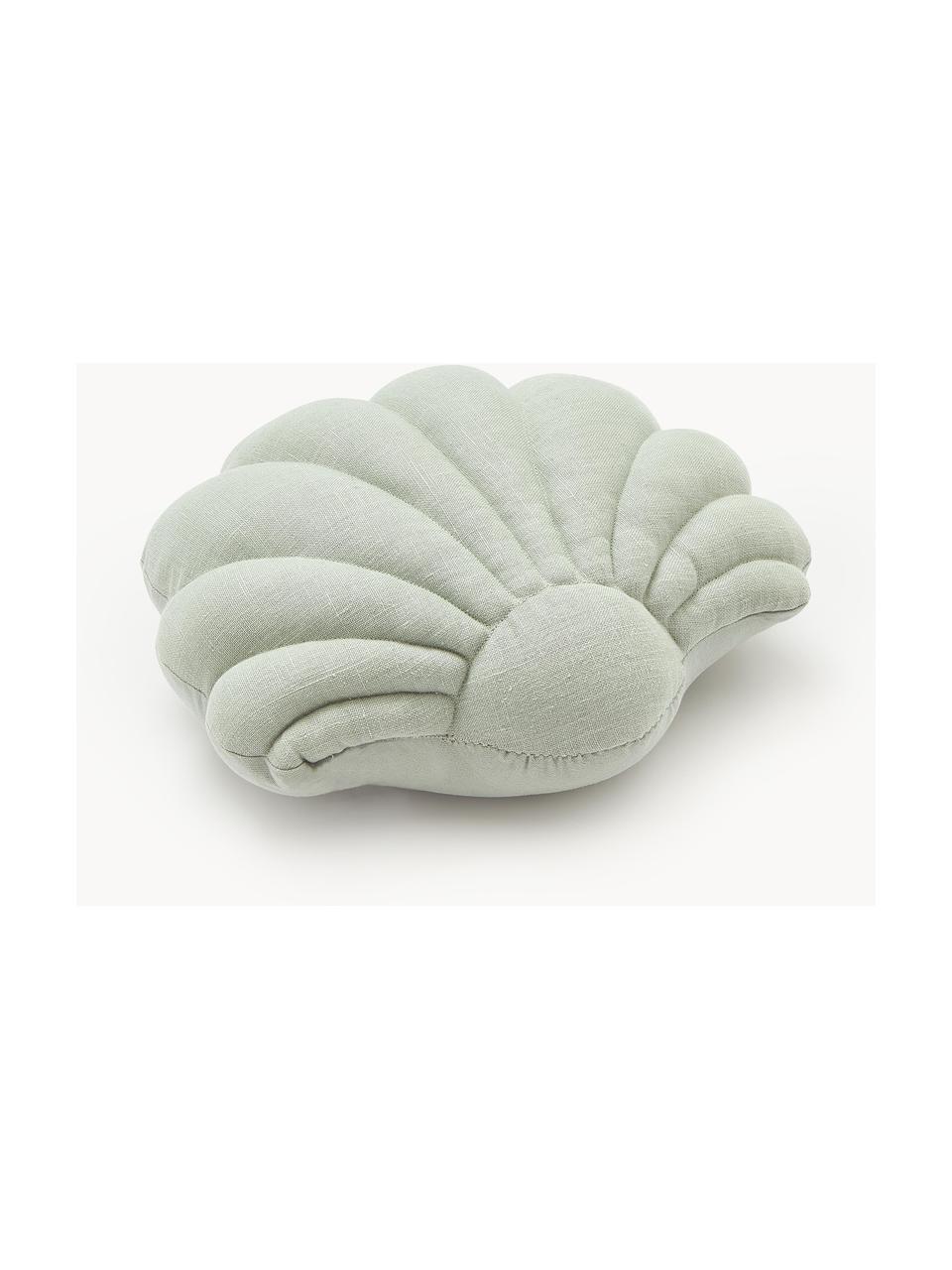Cuscino in lino a forma di conchiglia Shell, Retro: 100% cotone, Verde salvia, Larg. 34 x Lung. 38 cm
