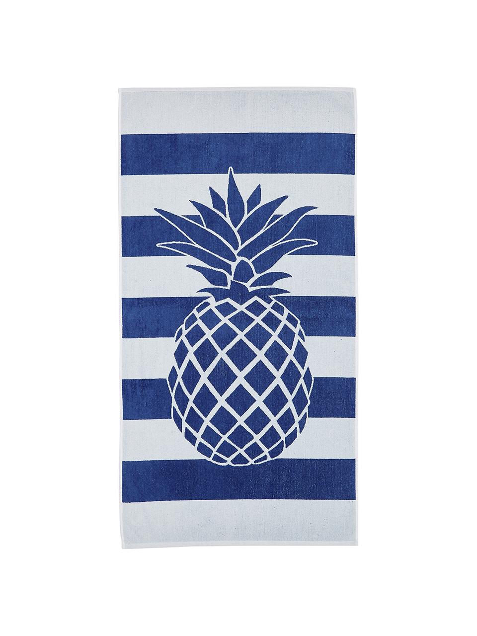 Gestreiftes Strandtuch Asan mit Ananas-Motiv, 100% Baumwolle
leichte Qualität 380 g/m², Blau, Weiß, 80 x 160 cm