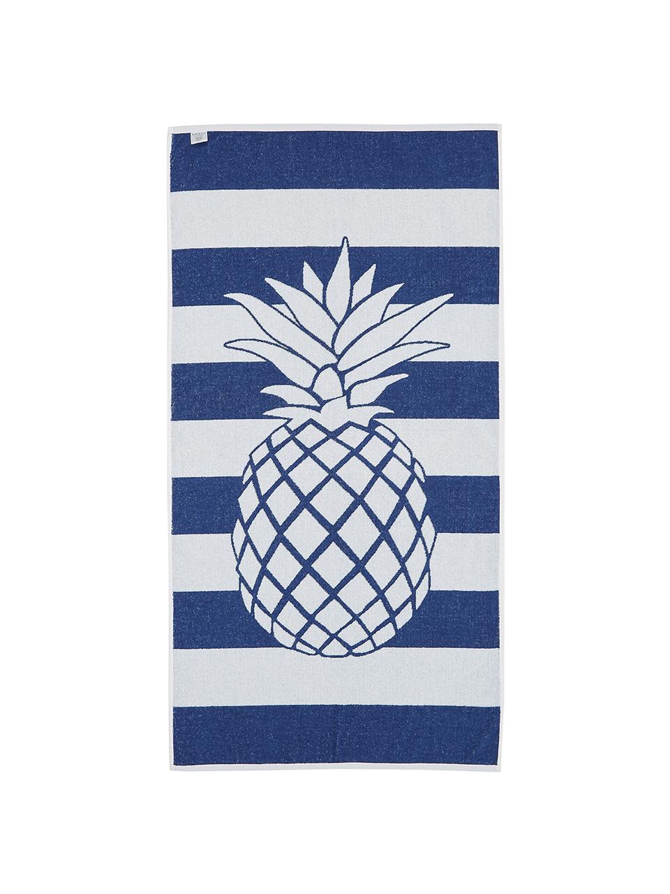 Gestreiftes Strandtuch Asan mit Ananas-Motiv, 100% Baumwolle
leichte Qualität 380 g/m², Blau, Weiß, 80 x 160 cm