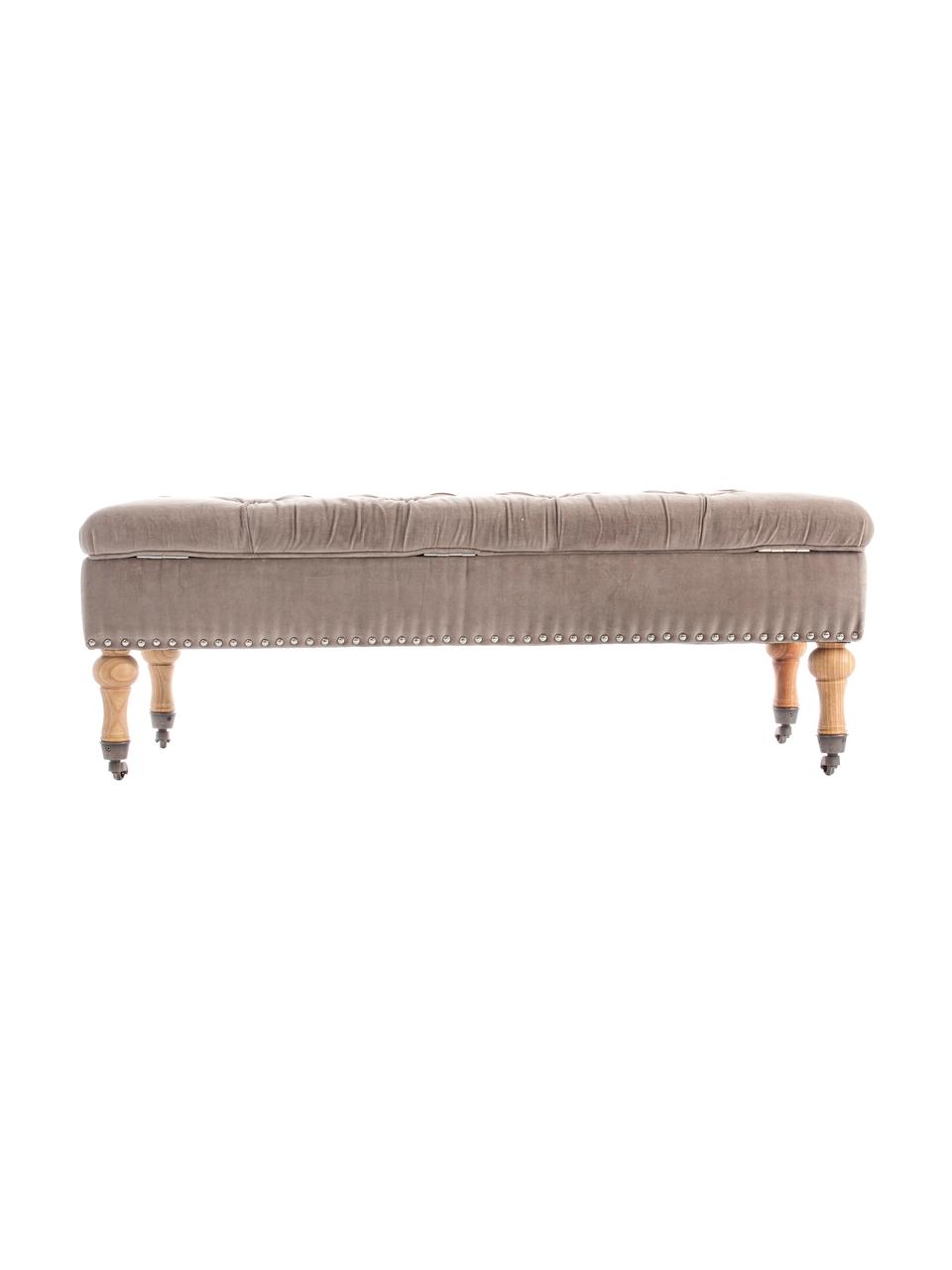 Banquette en velours brun clair avec rangement Arlette, Brun clair pin, couleur argentée, larg. 110 x haut. 40 cm