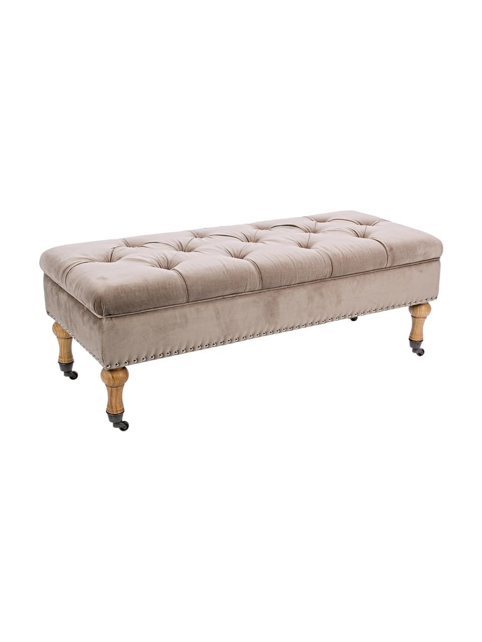 Banquette en velours brun clair avec rangement Arlette, Brun clair pin, couleur argentée, larg. 110 x haut. 40 cm