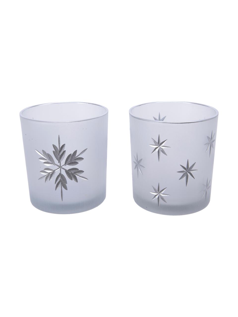 Waxinelichthoudersset Stera, 2-delig, Glas, Wit, zilverkleurig, Ø 7 x H 8 cm
