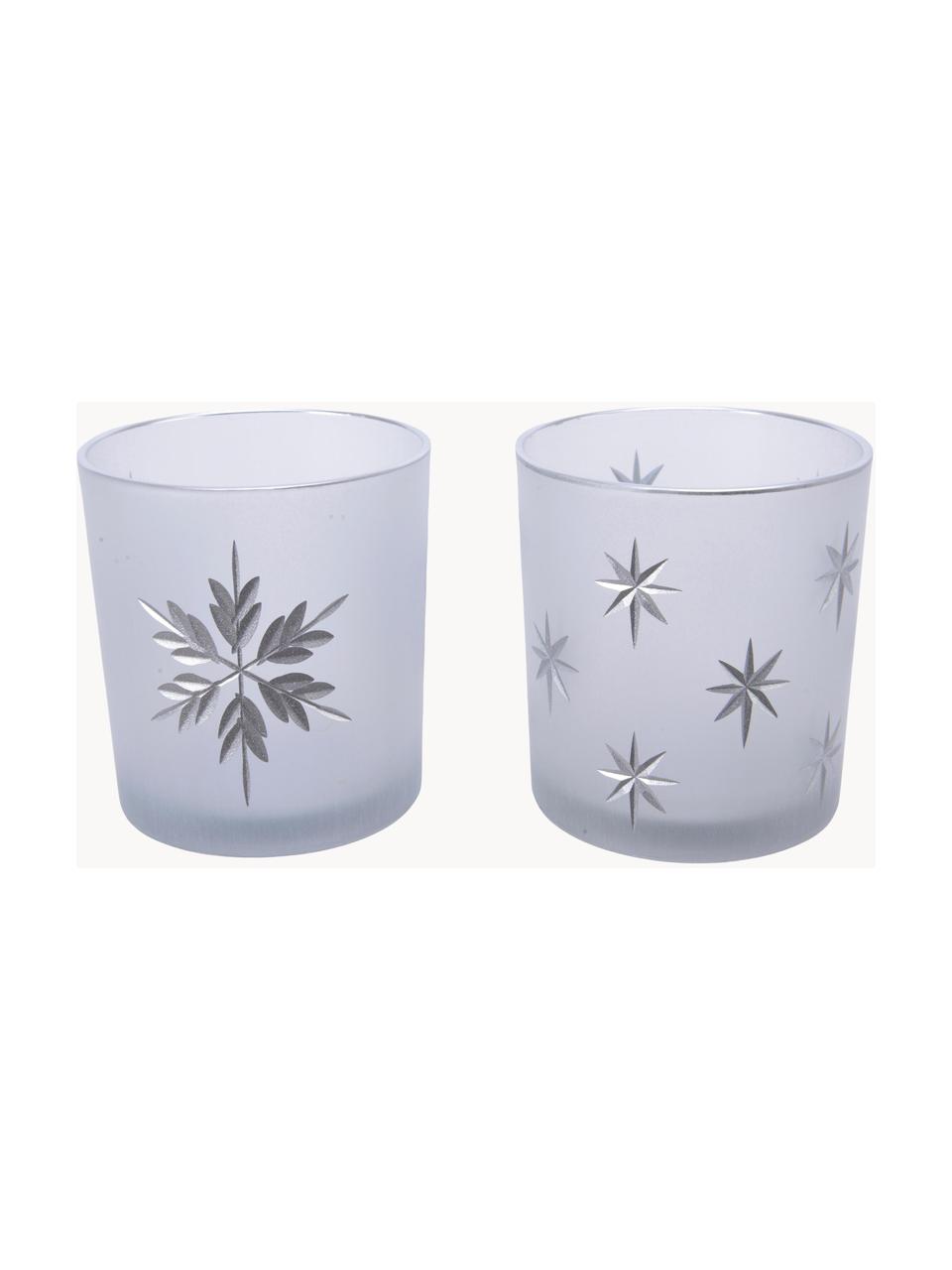 Set de portavelas Stera, 2 uds., Vidrio, Blanco, plateado, Ø 7 x Al 8 cm