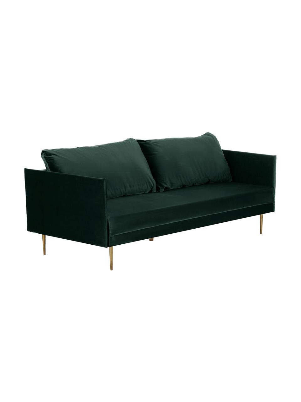 Sofa rozkładana z aksamitu Lauren, Tapicerka: aksamit (poliester) Dzięk, Stelaż: drewno sosnowe, Nogi: metal lakierowany, Aksamitny ciemny zielony, S 206 x W 87 cm