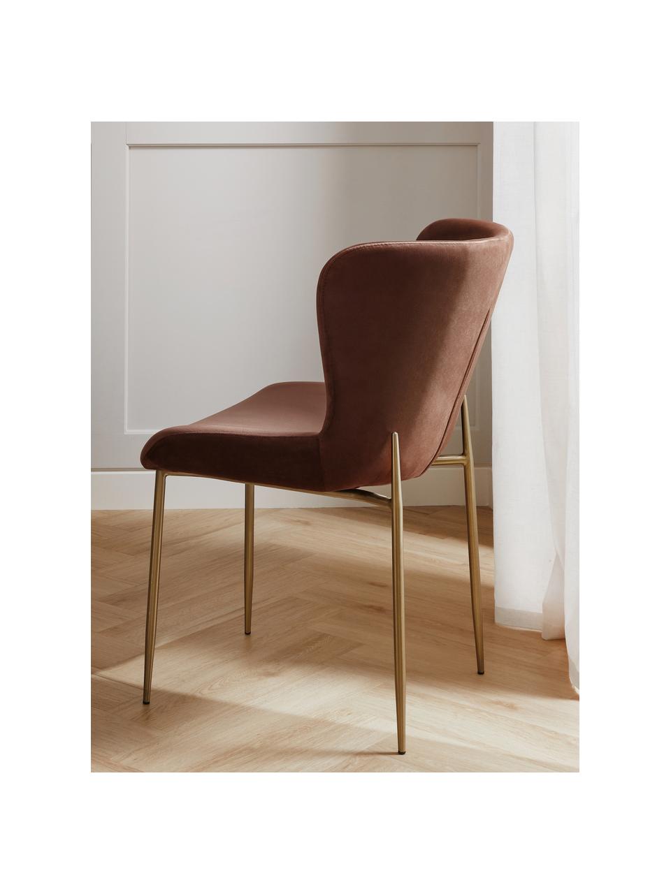 Fluwelen stoel Tess in bruin, Bekleding: fluweel (polyester), Poten: gepoedercoat metaal, Fluweel bruin, goudkleurig, B 49 x H 84 cm