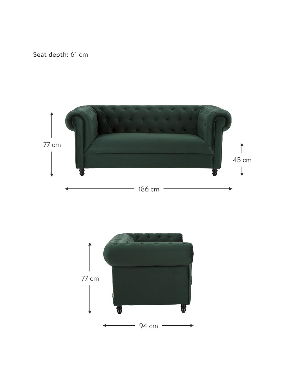 Chesterfield-Samt-Sofa Chester (2-Sitzer) in Grün, Bezug: Polyestersamt 20.000 Sche, Füße: Massives Eichenholz und N, Samt Waldgrün, B 186 x T 94 cm