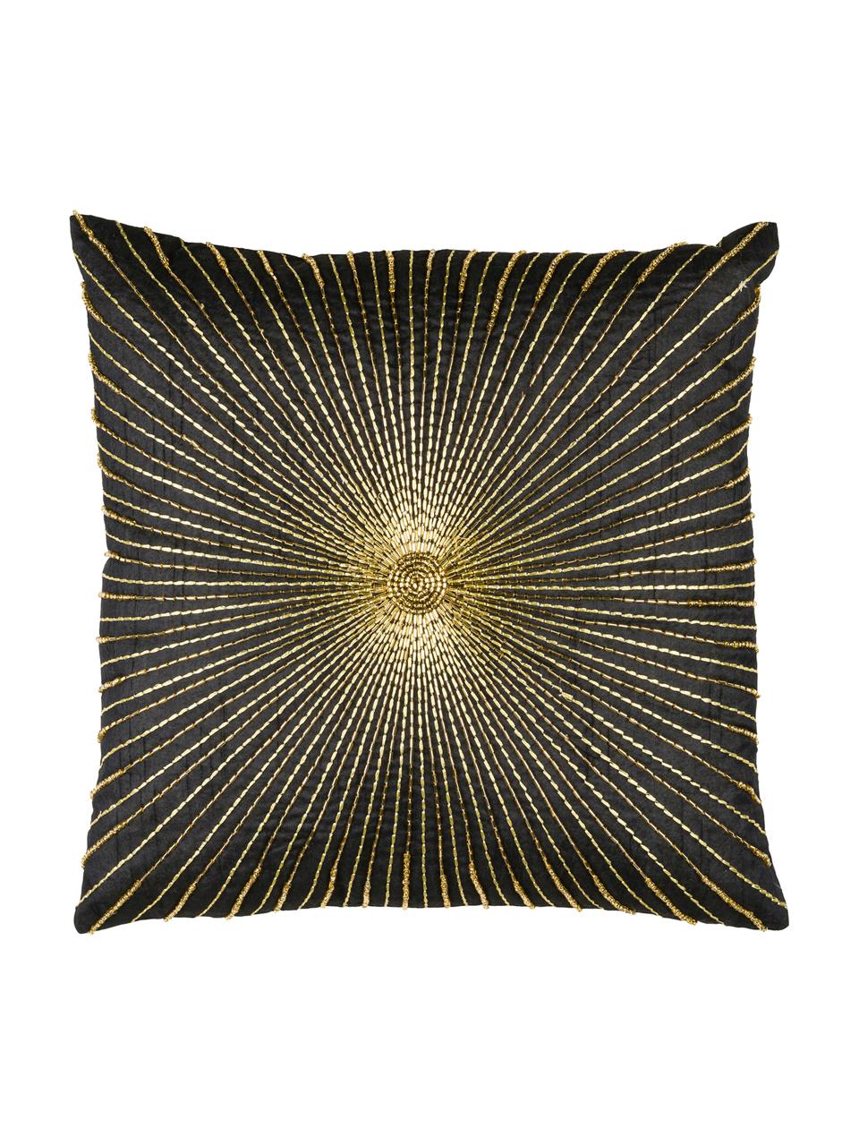 Kussenhoes Sunray met borduurwerk, 100% polyester, Zwart, goudkleurig, 40 x 40 cm